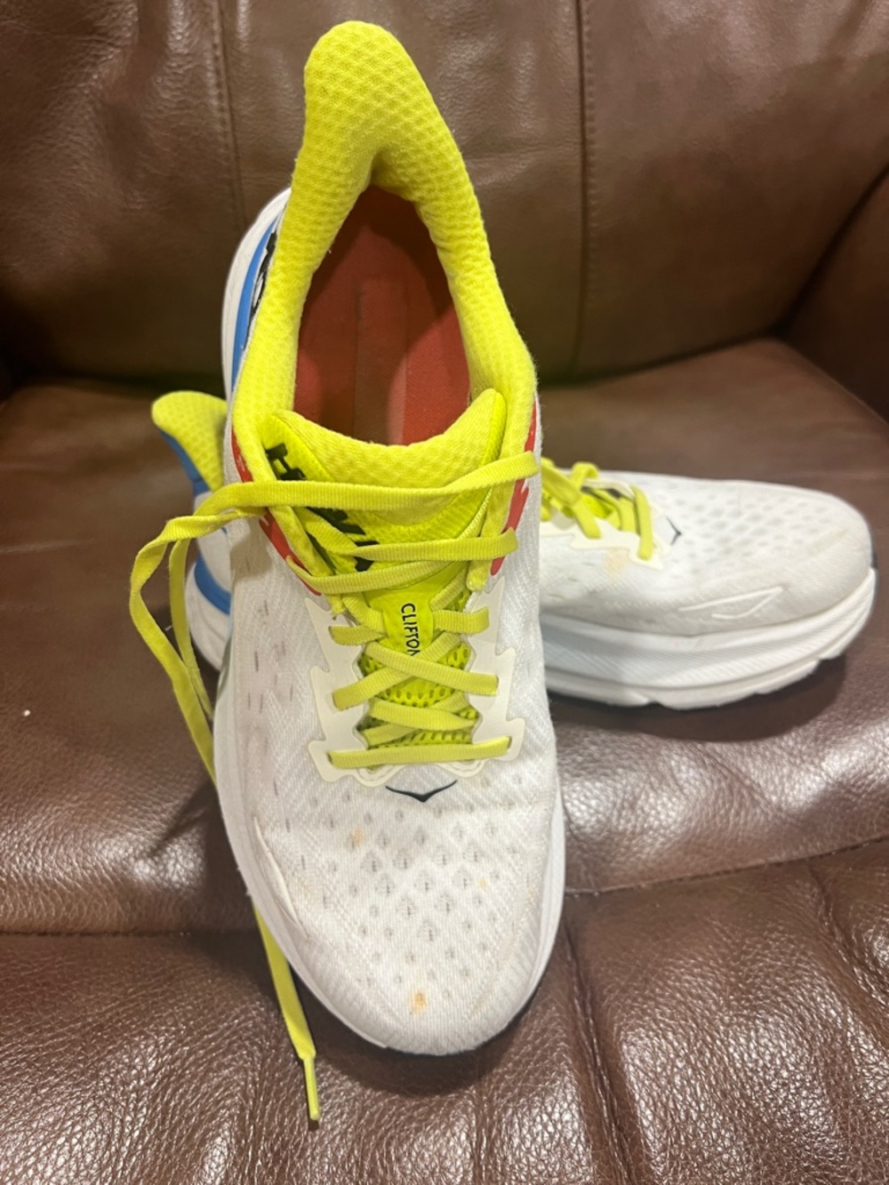 Hoka  Clifton White and Neon Yellow Mens Sneakers - Picture 8 of 15